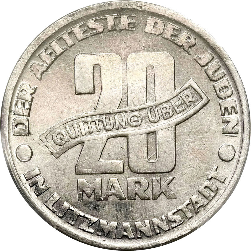 Litzmannstadt/ Getto Łódź. 20 marek 1943, aluminium PCGS MS63 (MAX) Ogromna rzadkość! JEDYNE